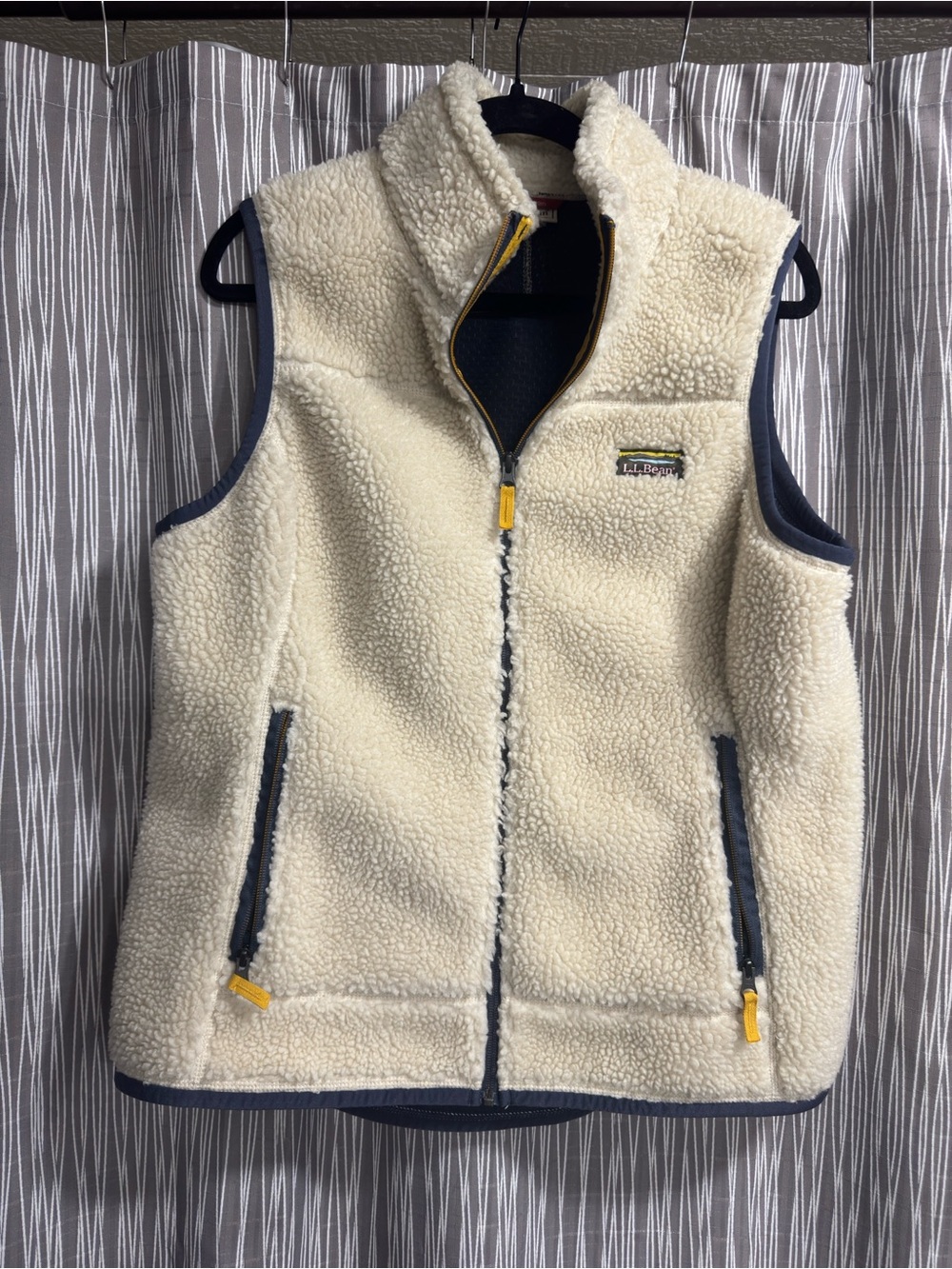 L.L. Bean Cream Sherpa Fleece Vest with Navy Trim and Yellow Accents - Picture 7 of 10